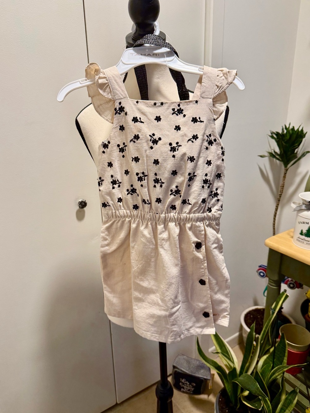Tahari Cream Romper with Black Floral Embroidery